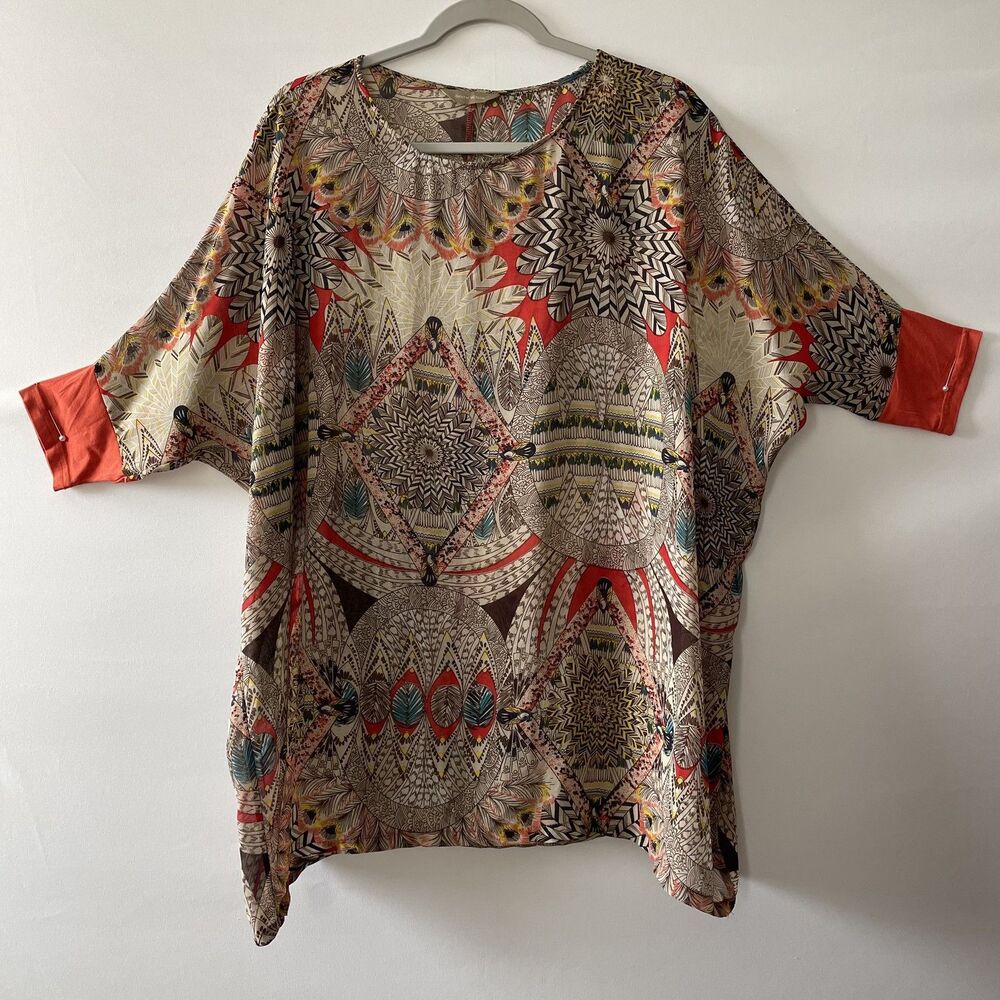 Snow White Tunic Top Multicolor Tribal Inspired Feather Motif Women Est. Size OS